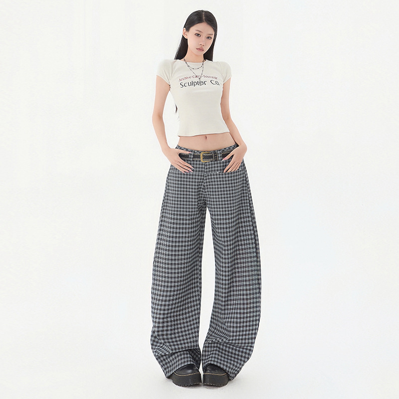 YD @ American Retro Black and White Plaid Scimitar Pants Women's Relaxed Lazy Casual Loose Wide Leg Pants American Plaid