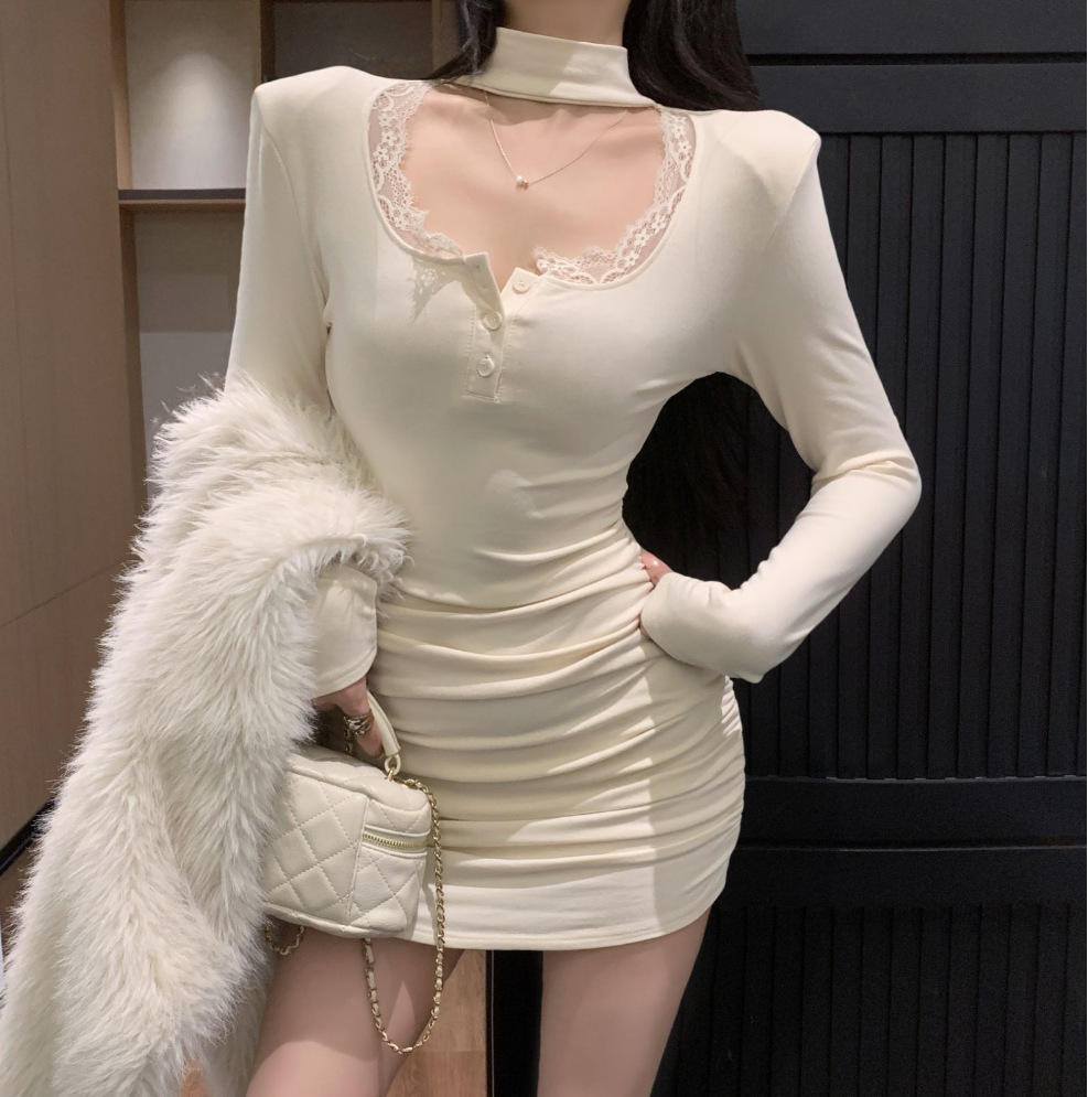 Hanging Neck Lace dress Women's Autumn and Winter Pure Sexy Hip Skirt Half-high Collar Shoulder Pad fleece-lined Base Inner Skirt