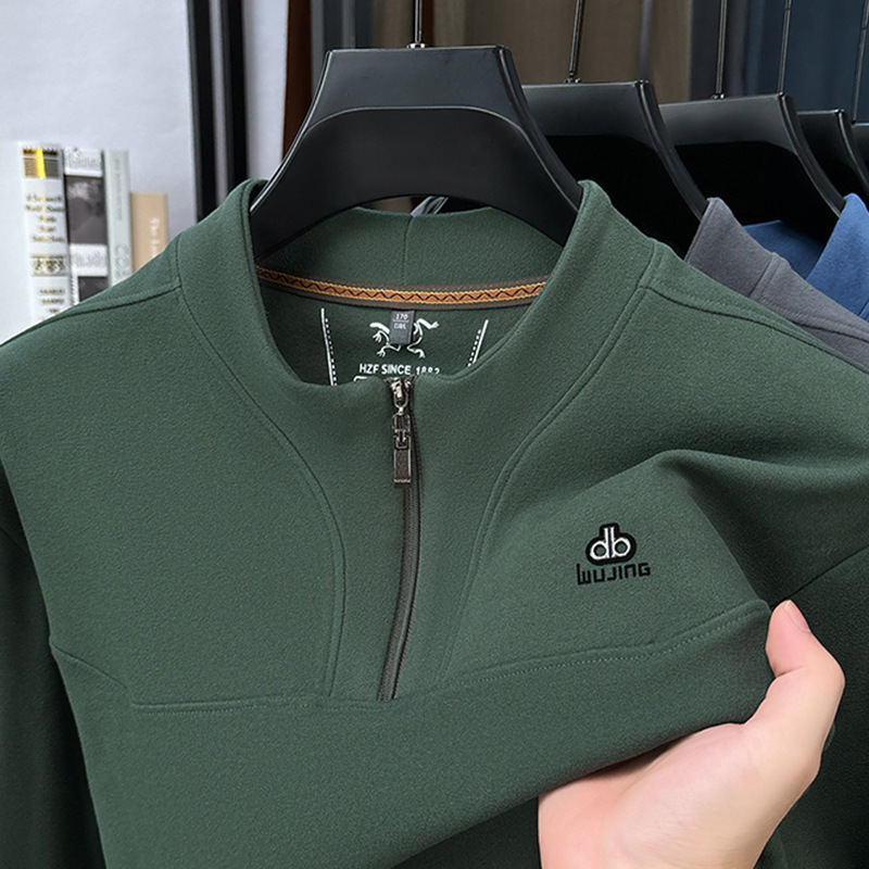 Half-Zip Stand-Up Collar Sweatshirt for Men, Autumn and Winter Warm Long-Sleeved Half-High Collar Solid Color Printed Pullover T-Shirt for Young and Middle-Aged People