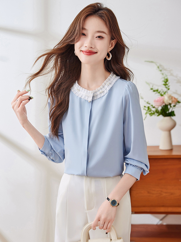 Autumn 2024 New French Design Sense Small Shirt Contrast Lic Collar Shirt Women's Long Sleeve Elegant Blue Top