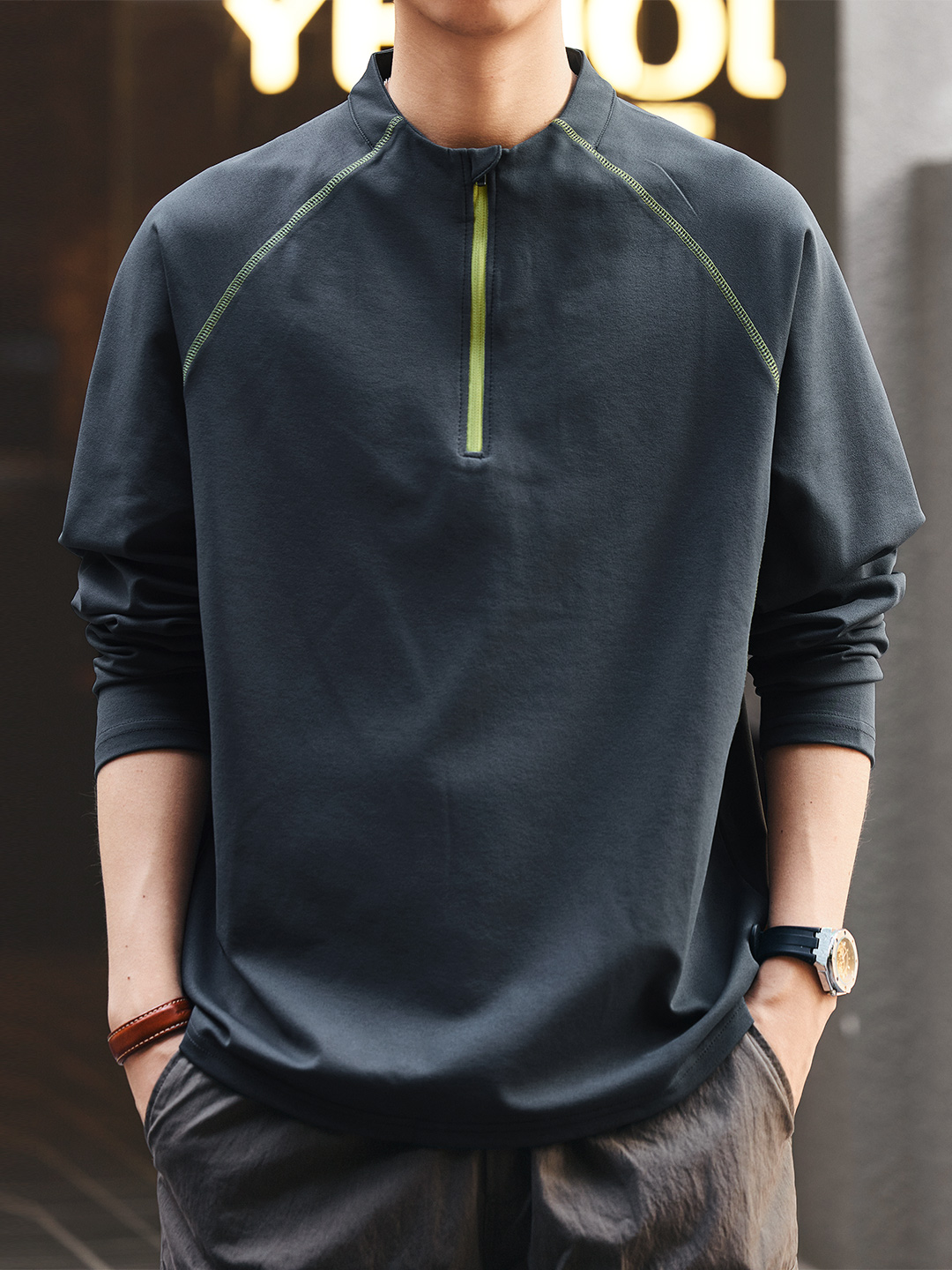 Green Deer Mountain Series Outdoor Cycling Hiking Long-Sleeved T-Shirt Men's Autum Trendy Brand Ins Half-Zip Sports Quick-Drying Clothing