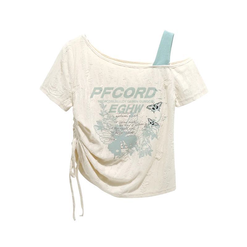 Ripped Fabric Pure Desire Off-Shoulder Printed Drawstring Short-Sleeved T-Shirt for Women Summer Design Slim Fit Sweet and Cool Sexy Tops