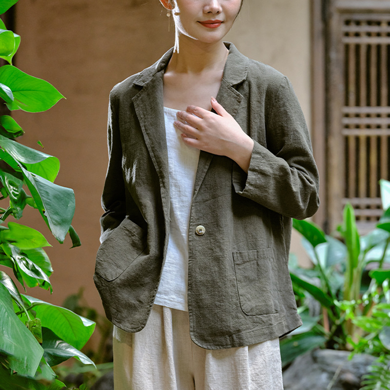 26 Spring Cotton and Linen Women's Clothing, Artistic Casual Sand-Washed Top, Paired with a Women's Suit Collar Ramie Short Jacket