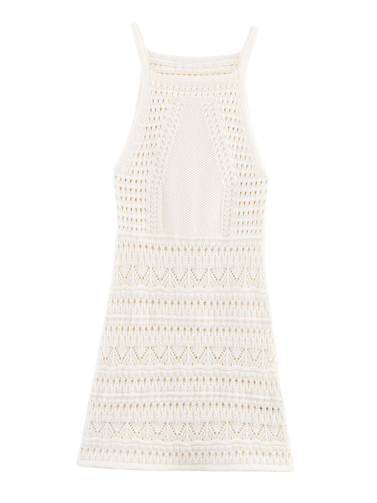 2025 New Summer Women's Clothing, Fashionable Jacquard Mesh Knitted Halter Neck Mini Dress