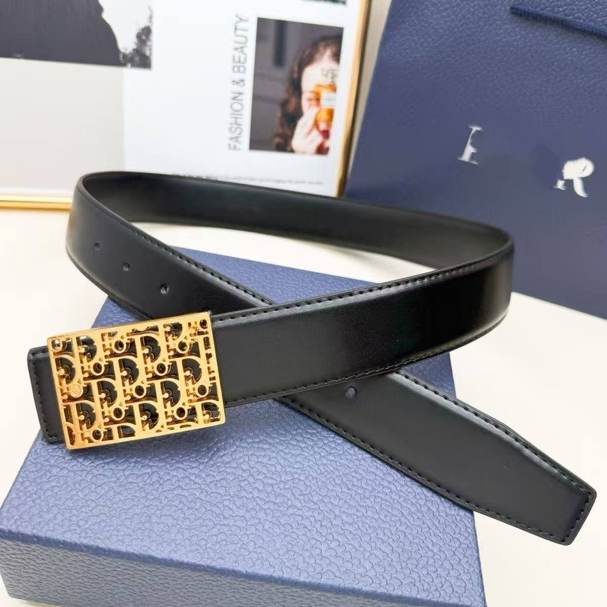 Cross-Border Men's Belt Fashion Plain Litchi Pattern Simple Fabric Belt Letter Cd Buckle Head Belt 3.8cm
