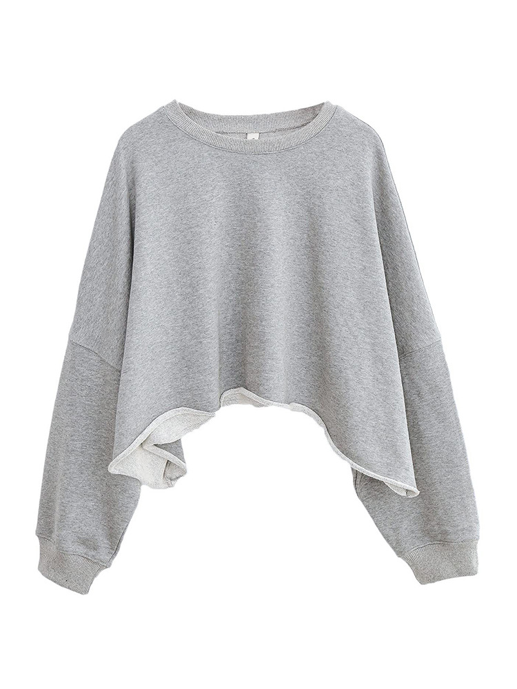 Cross-border Grey Sweatshirt Short Open-waist Casual Shoulder Women's Spring and Autumn European and American Sports Style Loose Navel-exposed Long-sleeved Top