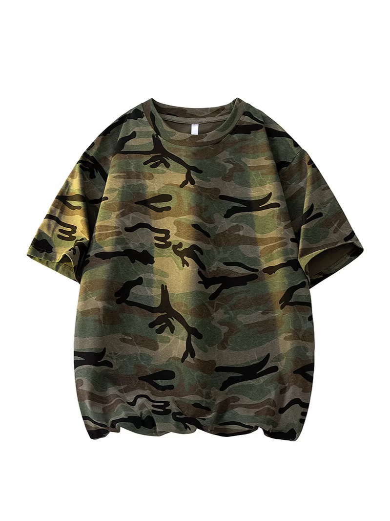 Retro European and American Camouflage Short T-Shirt, High-Quality Round Neck, Daily Fitness Wear-Resistant, Unisex Couple Loose Short-Sleeve T-Shirt