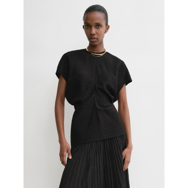 Longmei Textured Pleated Waist-Cinching Top for Women 2025 Spring/Summer New Tot Style Simple Commuter Round Neck Short-Sleeve Style
