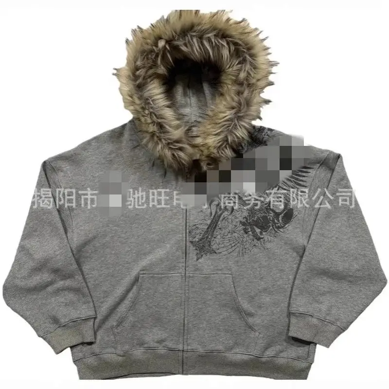 图案卫衣街头潮流美式复古春秋季新款绒毛帽子连帽开衫嘻哈印花