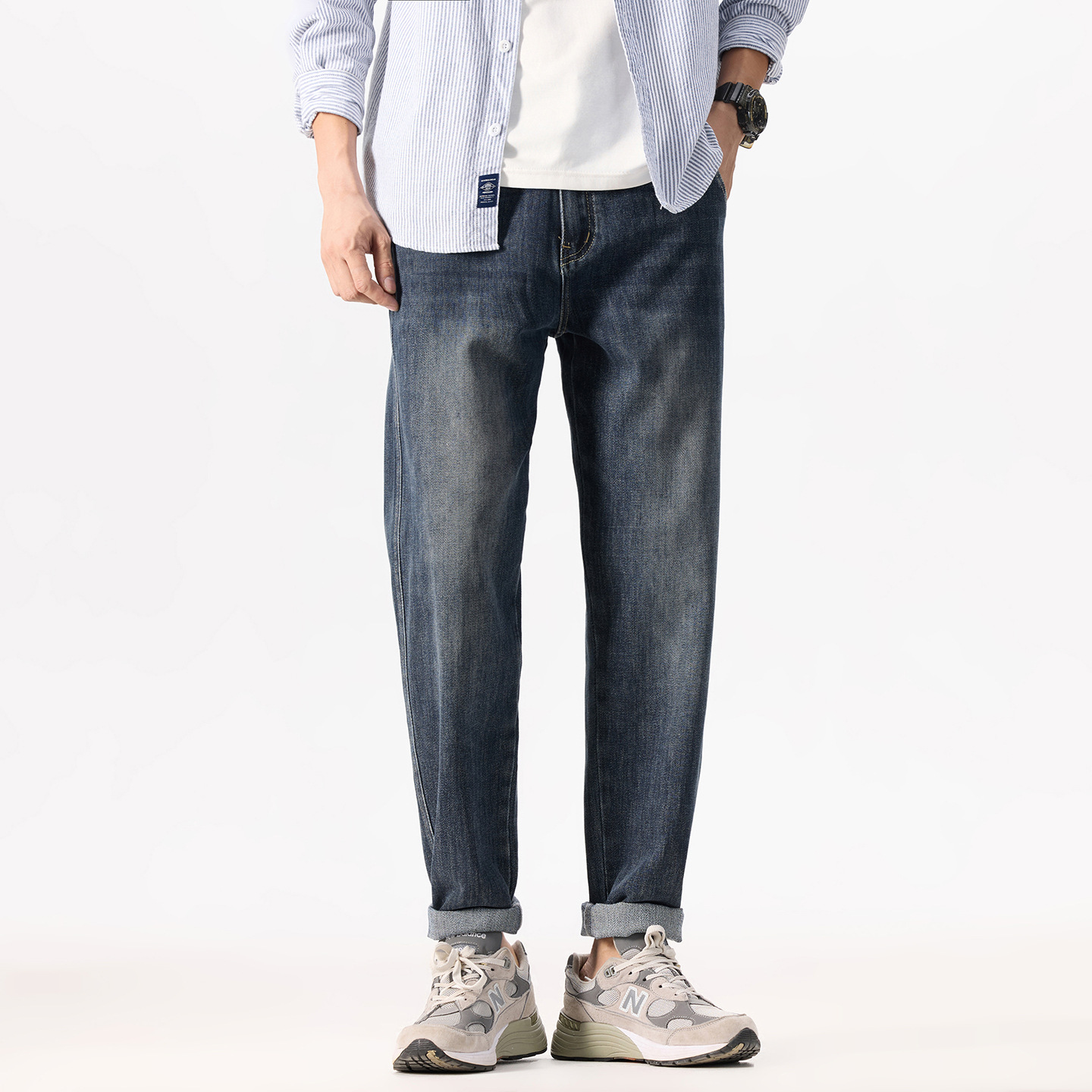 Plus-Size Men's Spring/Summer New Vintage Washed Denim Jeans, Loose Fit, Stretchy Elastic Waist, Tapered Pants