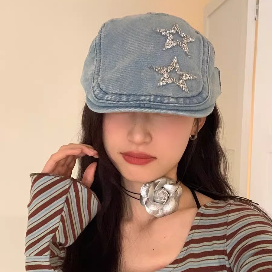 Women's Denim Forward Cap Star Artist Painter Hat Large Head Circumference Adjustable Fashionable Baseball Cap Versatile Trendy