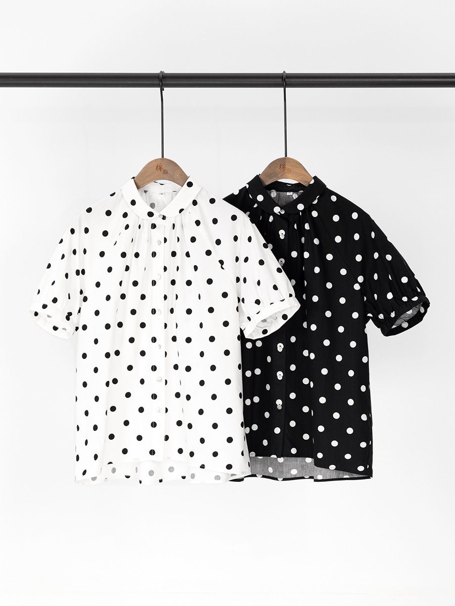 Suchi's New Summer Pure Cotton Shirt, Work Clothing and Elegant Peter Pan Collar Polka Dot Print Cotton Short-Sleeved Lining