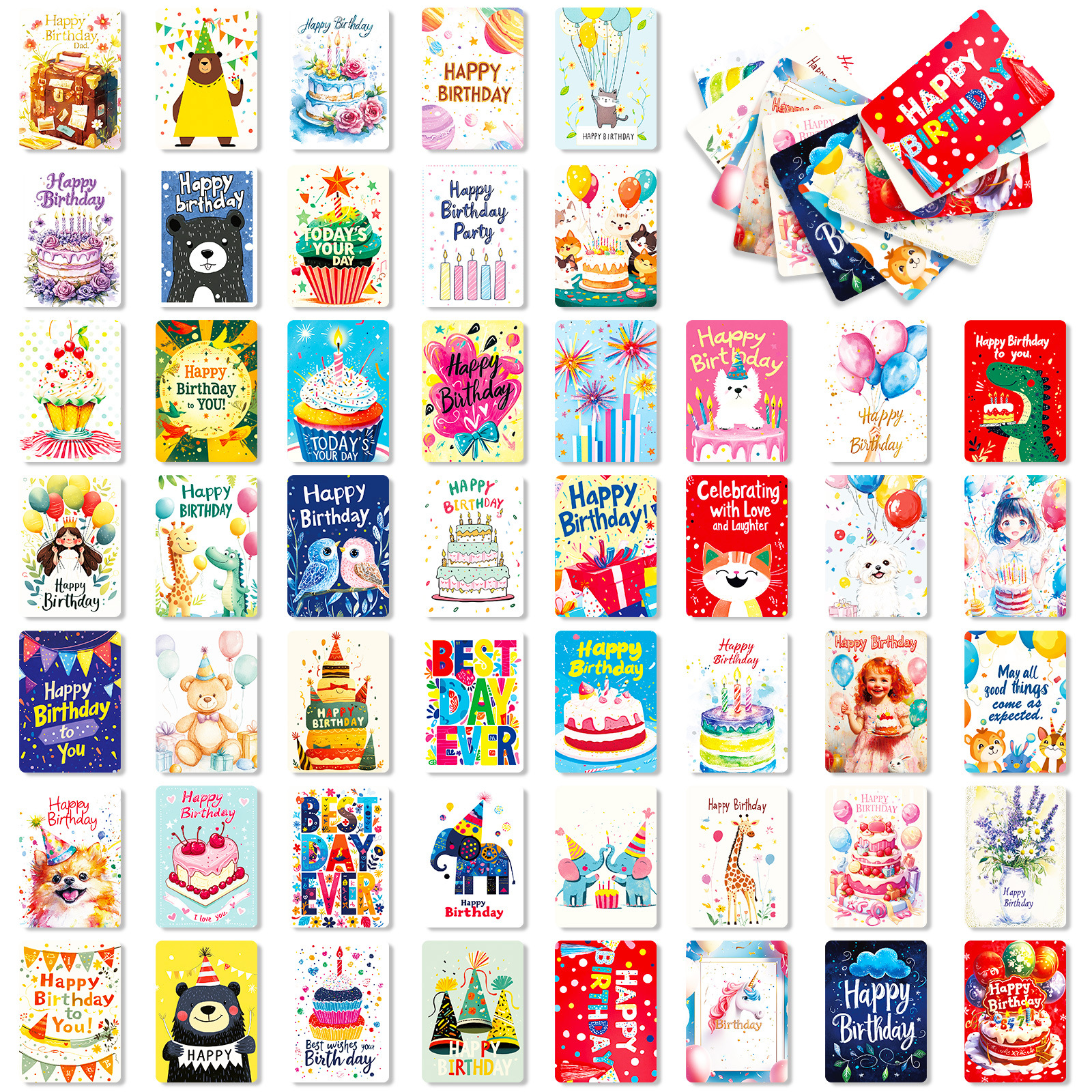 Cross-Border Direct Purchase of 50 Unique Birthday Cards with Cartoon Designs, Blessing and Congratulatory Greeting Card Set