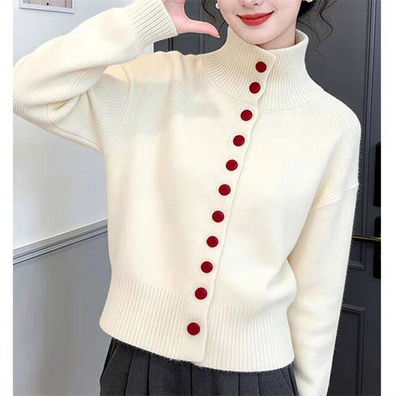 2026 New Autumn and Winter Large Size Straight Shoulder Knitted Cardigan Korean Style Top Long-Sleeved Pure Color Half Turtleneck Sweater Jacket for Women