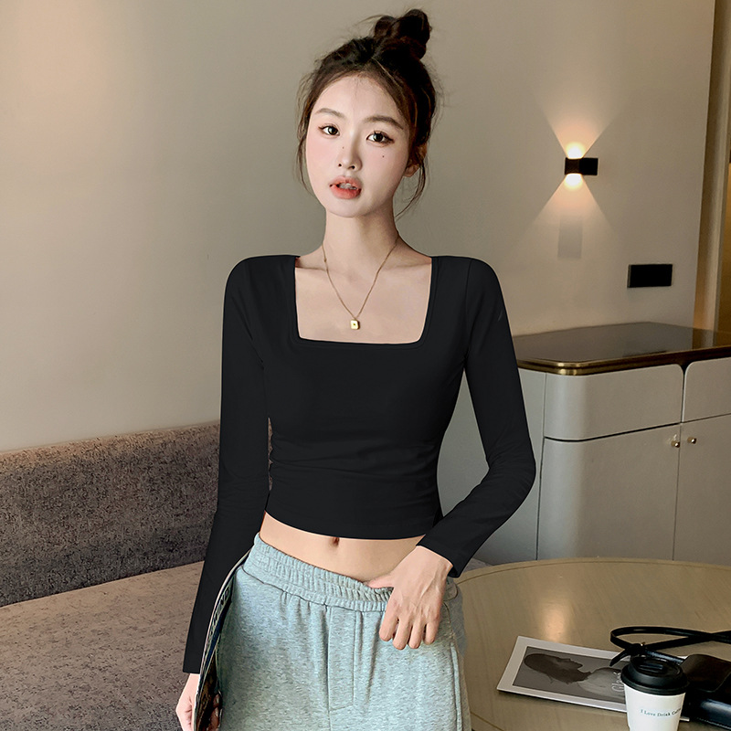 Pure Cotton Square Collar Long-Sleeved T-Shirt for Women, Right Shoulder, Autum Slim Short Style, Western Style Inner Layering Shirt, Navel-Baring Versatile Top