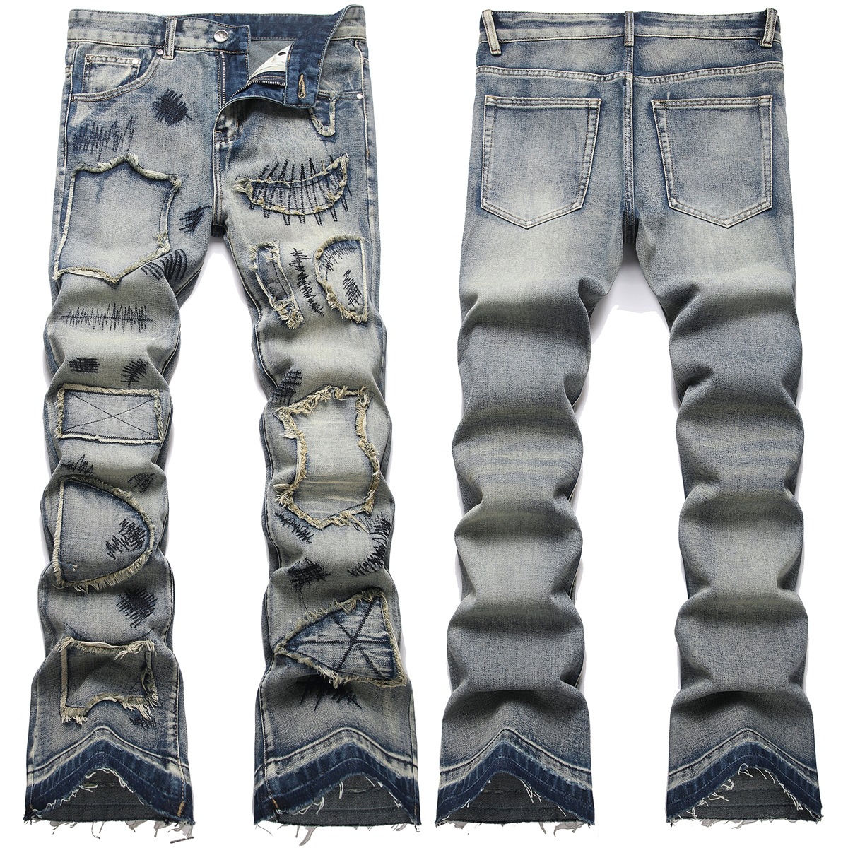 European and American in stock Men's Flared Jeans Fashion Embroidered Personality High Street Trousers Youth Street Trendy Denim Trousers Men