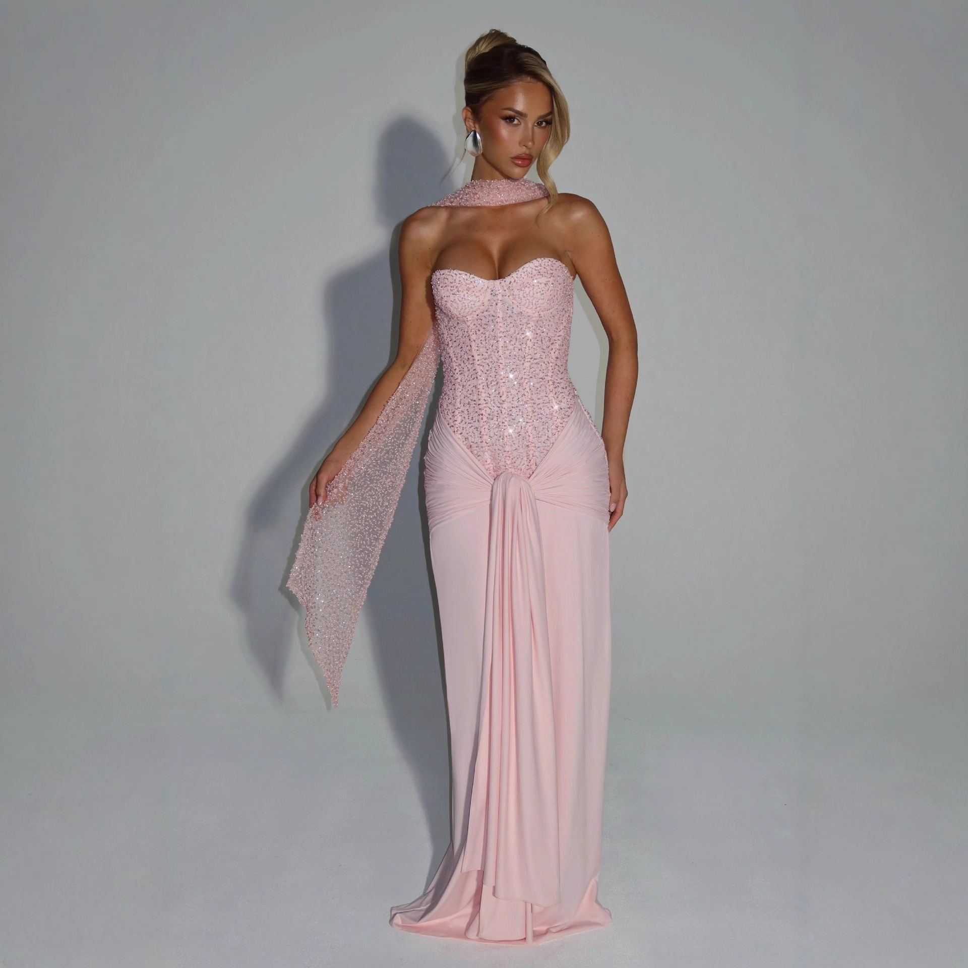 Cross-Border Spring and Summer New Style European and American Style Long Solid Color Sexy Strapless Slim Fit Ruched Dress Women's Dress