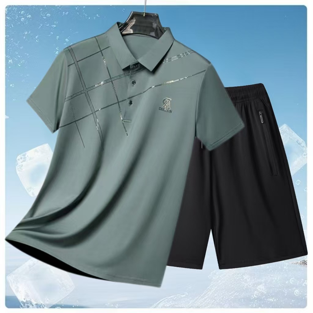 Seamless Ice Silk Shorts and Short-Sleeved T-Shirt Men's Two-Piece Set for Middle-Aged Dads, Two-Piece Casual Polo Shirt Set