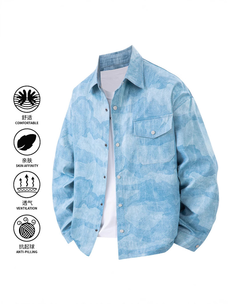 Spring and Autumn Faux Denim Shirt Jacket for Men, American High Street Retro Style, Trendy Brand, Cool and Stylish, Turn-Down Collar, Long-Sleeve Shirt