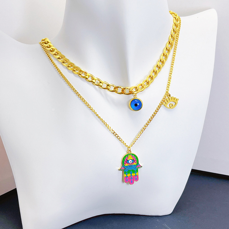 Cross-border Exaggerated Color Palm Eye Set Double-layer Necklace Titanium Steel Color-free Tassel Bracelet Earring Buckle Set