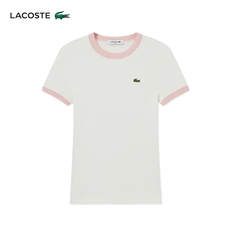 Lacoste French Crocodile Women's Clothing 25 Spring New arrival Color Matching pure cotton silm Right Shoulder Short Sleeve T-Shirt | Tf2432