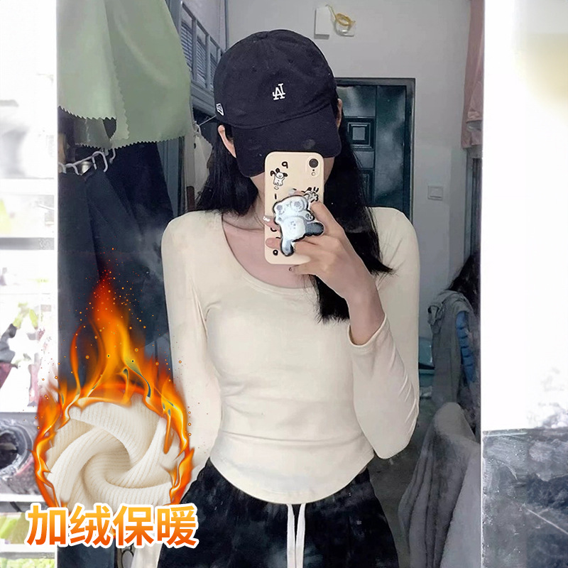 Shoulder Fleece Square Collar Long-sleeved T-shirt Women's Autumn and Winter Inner Short Base Shirt Hot Girls Slim-fit Slimming Short Top