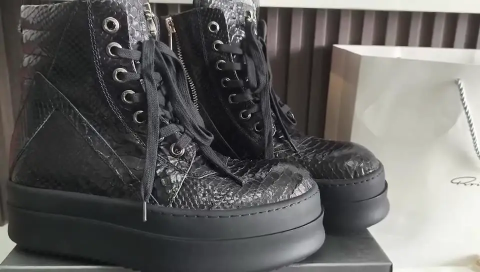 Independent Inverted Triangle Thick-Soled All-Black Snake Pattern Cowhide Croch Fashion Couple Street High Boots Height-Increasing Men's Shoes