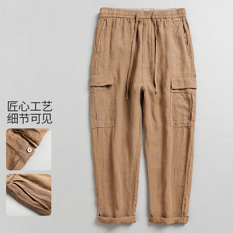 Cross-Border Factory Direct Supply Men's Cotton and Linen Elastic Waist Blended Breathable Casual Pants Overalls Nine-Point Pants A98