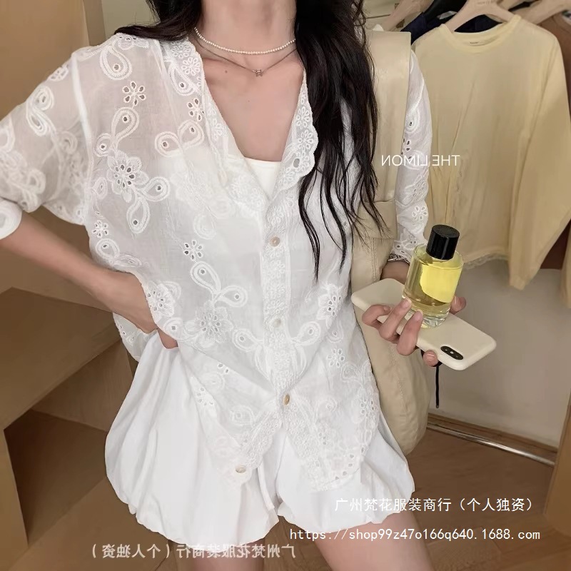 French-Style Gentle Embroidery Lace Shirt for Women, Spring and Autumn 2024 New Fashion, Elegant and Slimming, Versatile Long-Sleeve Top