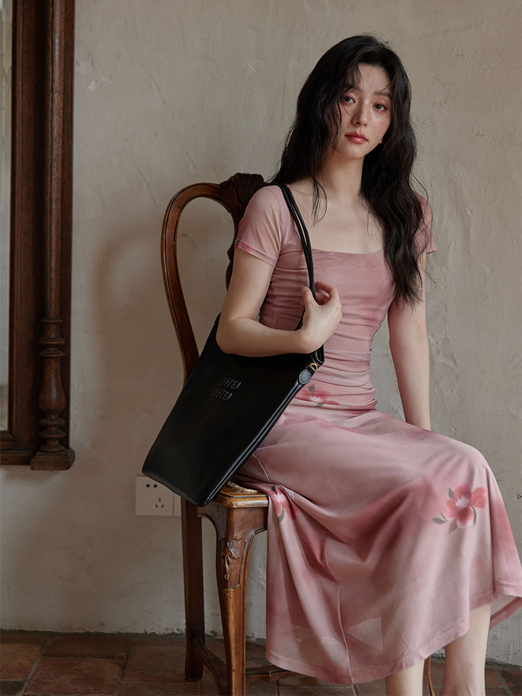 Ximeng 2024 New Summer French Style Short Long Design Sense Niche Short-sleeved Waist Pink dress Women