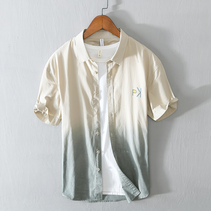 L9816 Summer New Color Matching Shirt Men's Short Sleeve Top Casual Personality Gradient Shirt Men's One-Piece Hair