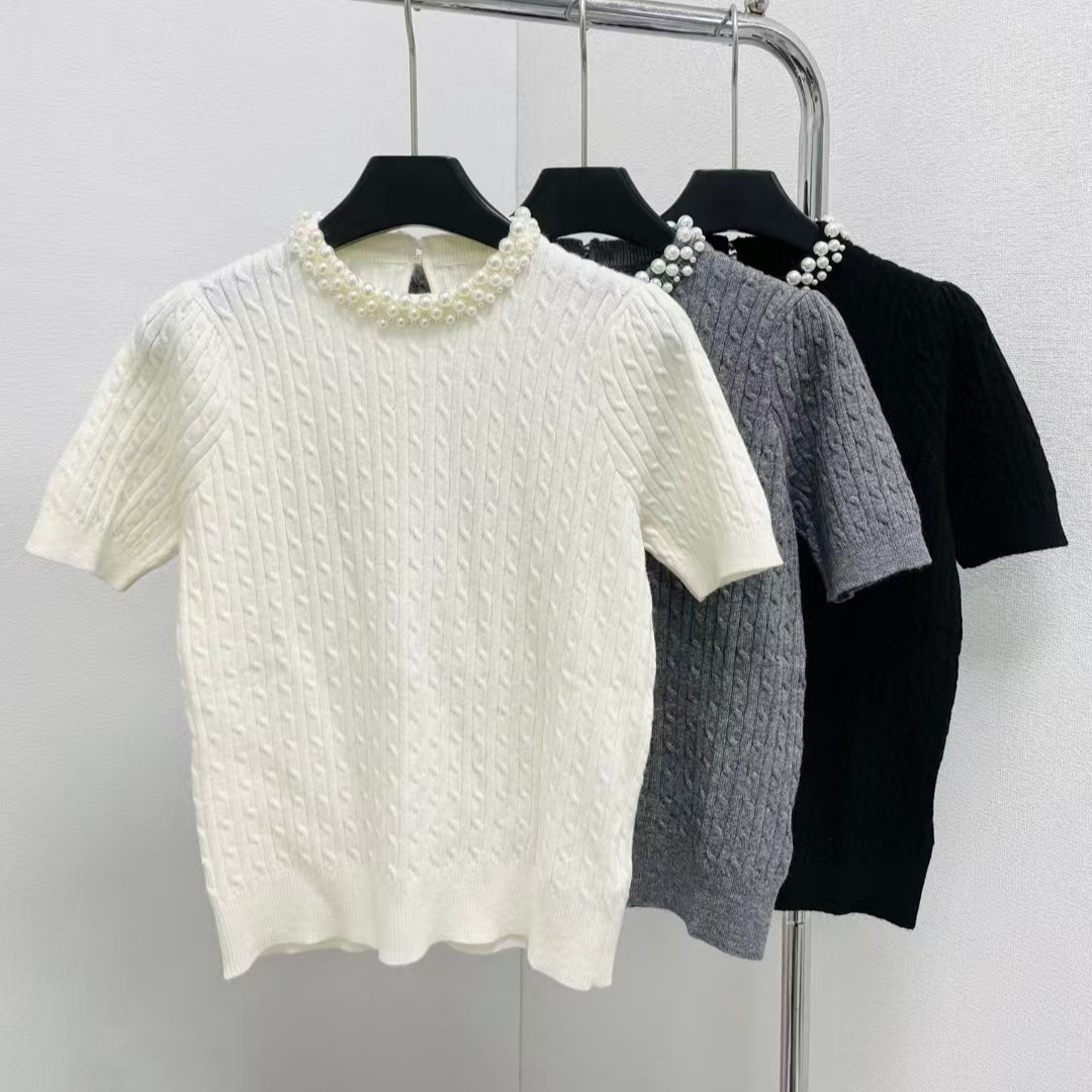 High Version 2024 New Heavy Industry Beaded Crewneck Wool Knitted Short-sleeved T-shirt Women's French Style Sweater