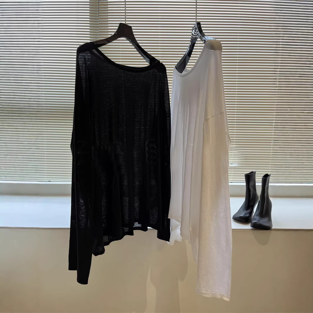 Free and Unrestricted, Lightweight and Naked-Feel Clothing. Lazy Rolled-Edge Large Collar Gauze Cotton Long-Sleeve Lightweight T-Shirt, One Piece for Dropshipping