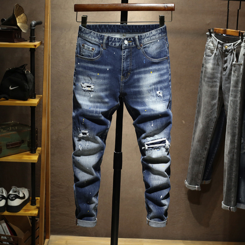 in stock Cross-border Men's Washed Vintage Blue Ripped Slim-fit Stretch Denim Youth Street Personalized Skinny Jeans