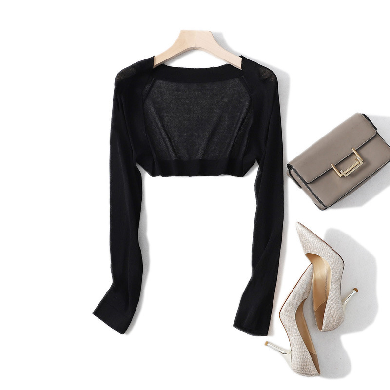Summer Thin Long-sleeved Knitted Cardigan Women's Ultra-short Shawl Sling Skirt Outer Wearing Small Jacket Blouse Sunscreen Shirt