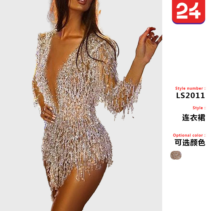 2025 Cross-Border European and American Export New Women's Clothing Wish Amazon Cross-Border Sexy Sequin Tassel Deep V Miniskirt