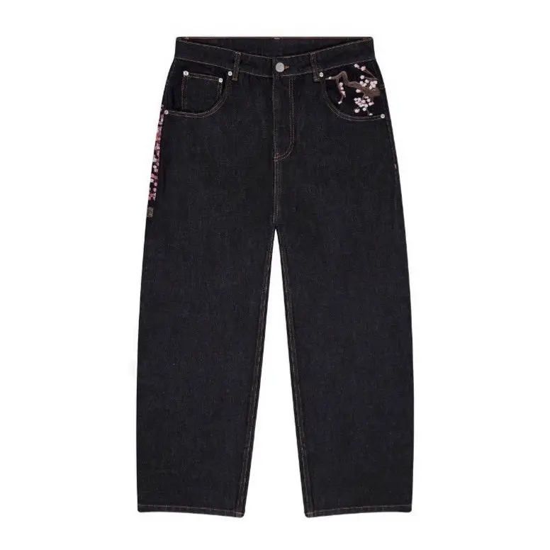 Women's Baggy Pants Jeans Men's Derschutze Retro Plum Blossom Embroidered Straight Pants for Men and Women