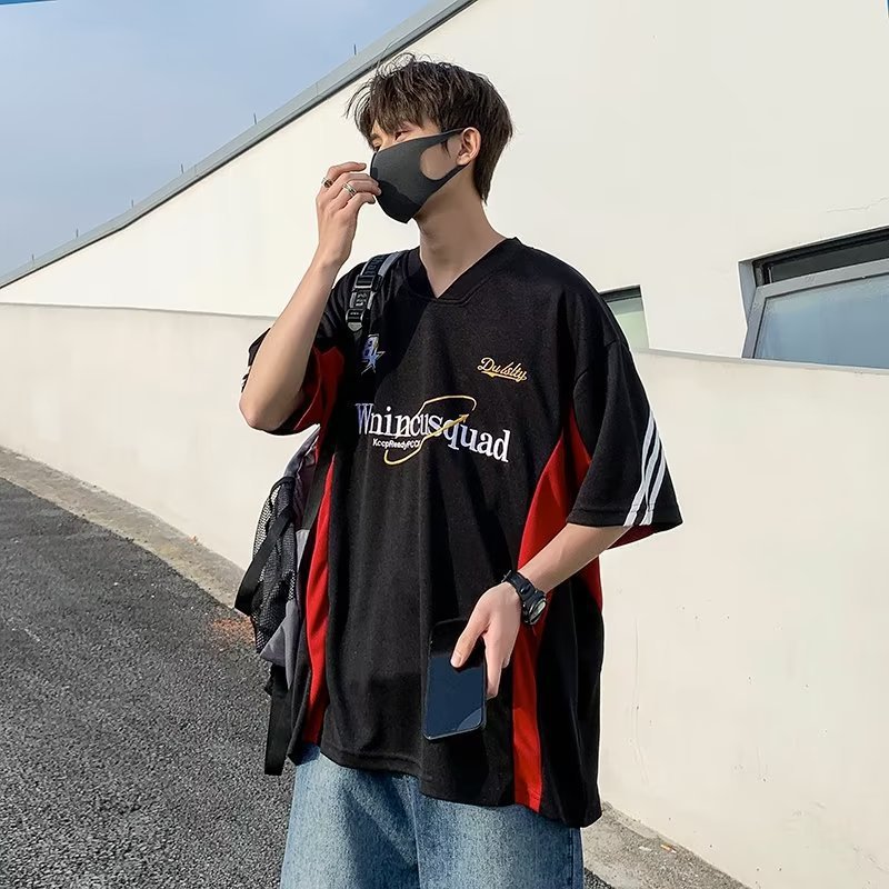 Hip hop summer new stitching embroidered jersey short sleeve V-neck T-shirt men's loose fashion brand American couple drop shoulder T-shirt