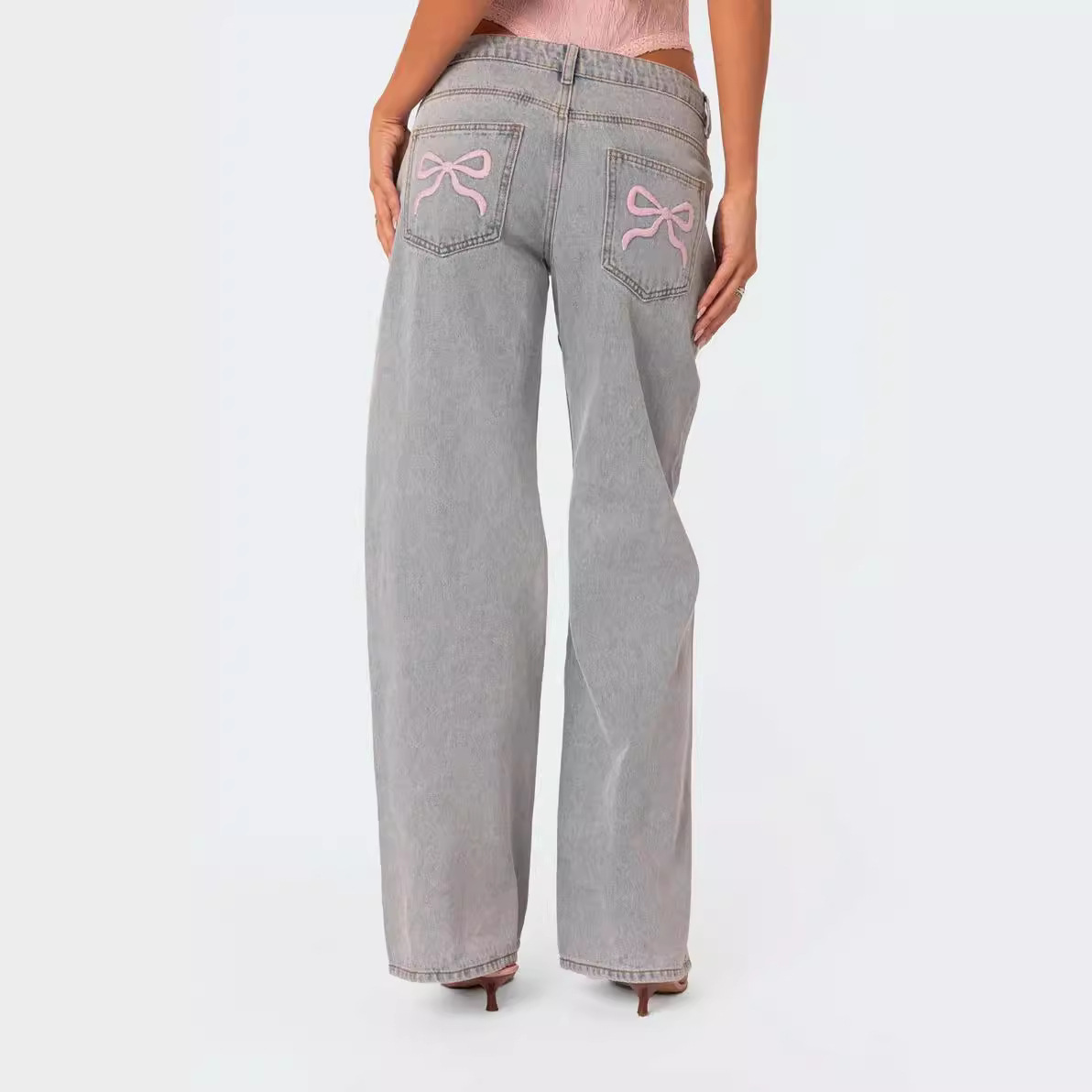 Spot European and American 2025 Spring Heavyweight Women's Clothing Bow Ballet Style Embroidered Denim Wide-Leg Pants Washed Distressed Pants