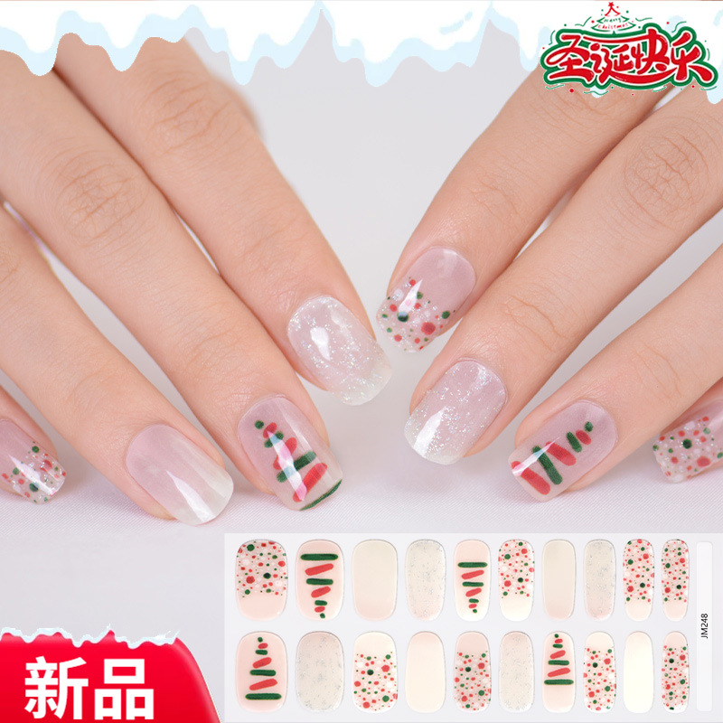 New Christmas Nail Stickers, 20-Piece Waterproof Simple French Style Nail Stickers with Glitter, Popular Christmas Tree Gel Nails