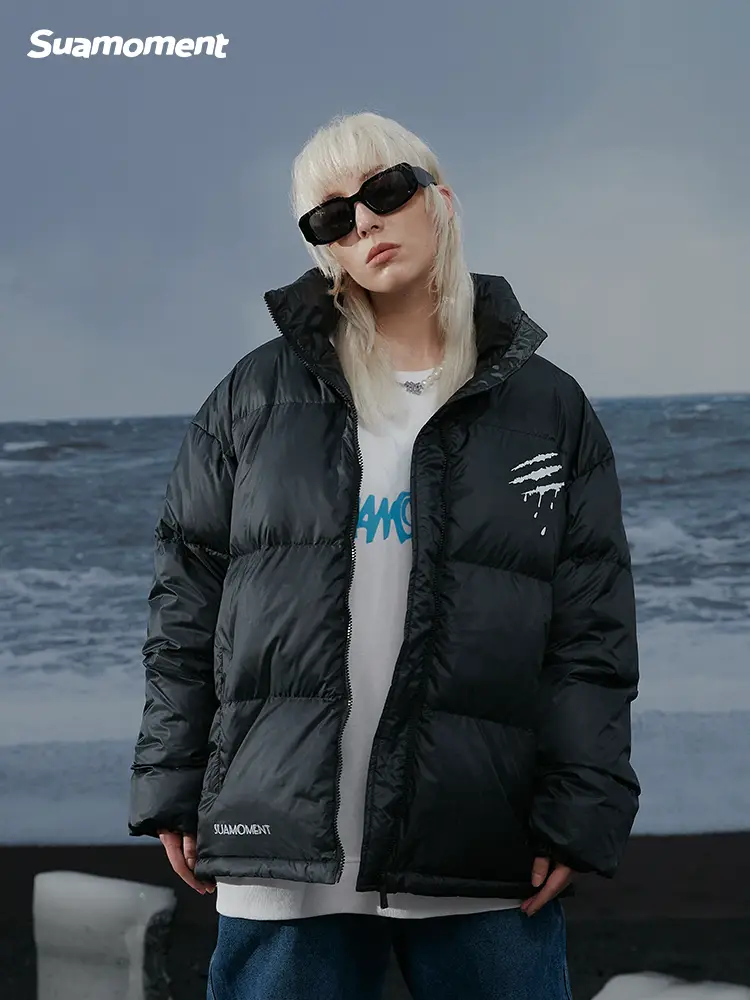 Suamoment Scratch Stand Collar Short Fleece-lined thickened White Duck down Long Winter Light and Warm Trendy Down jacket Outwear
