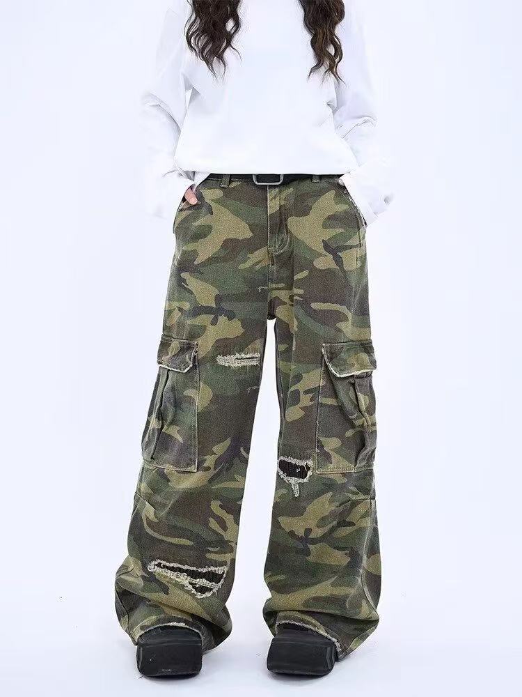 Camouflage Print Street Jeans Men's Straight Loose Floor-Length Wide-Leg Pants Spring Ins Trendy High Street Long Pants