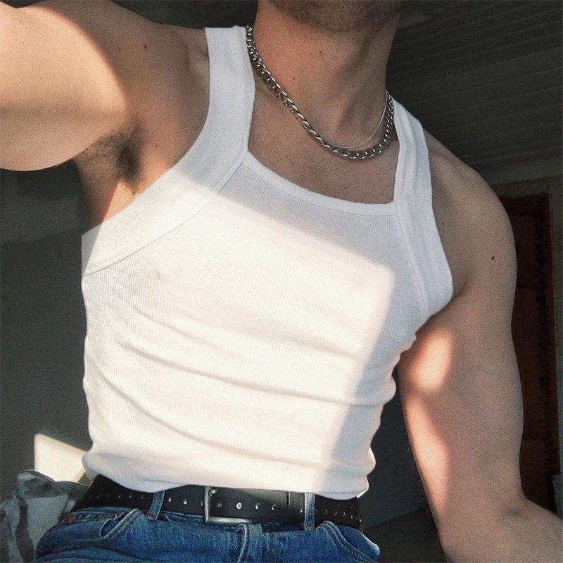2026 New Foreign Trade Model Aliexpress Shoulder Strap Solid Color Fashion Sleeveless Undershirt European and American Men's Sexy Tight Tank Top