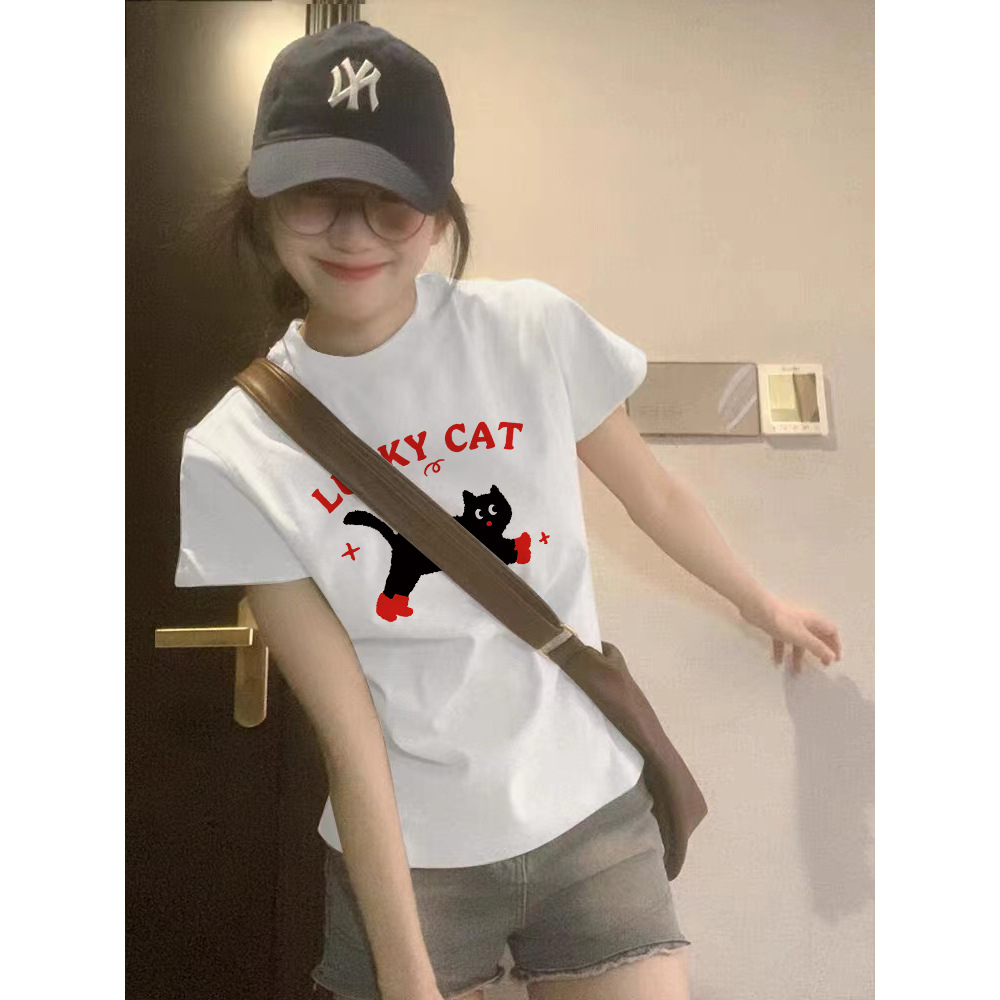 Design-Inspired Fun Cartoon Black Cat Print Short-Sleeved Women's 2026 Summer Loose Casual Top Round Neck Pure Cotton T-Shirt