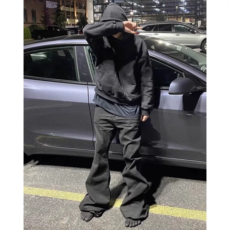 Parisian style American high street dark fashion brand floor pants men's black wide leg slimming ribbon flared jeans