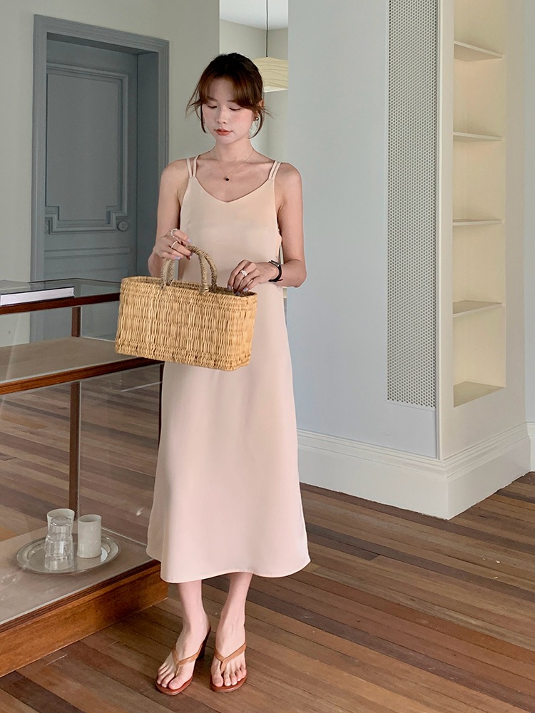Silk Satin Beautiful Back Double Shoulder Strap Long Dress Women's V-neck All-match Elegant dress Solid Color Sleeveless Simple