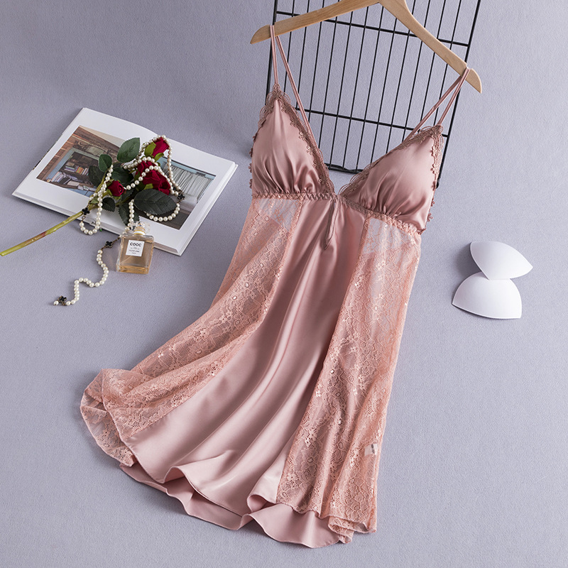 Sling Nightgown Female Sexy Belt Chest Pad Lace Transparent Hot Sexy Underwear Imitation Silk Nightgown Factory Outlet