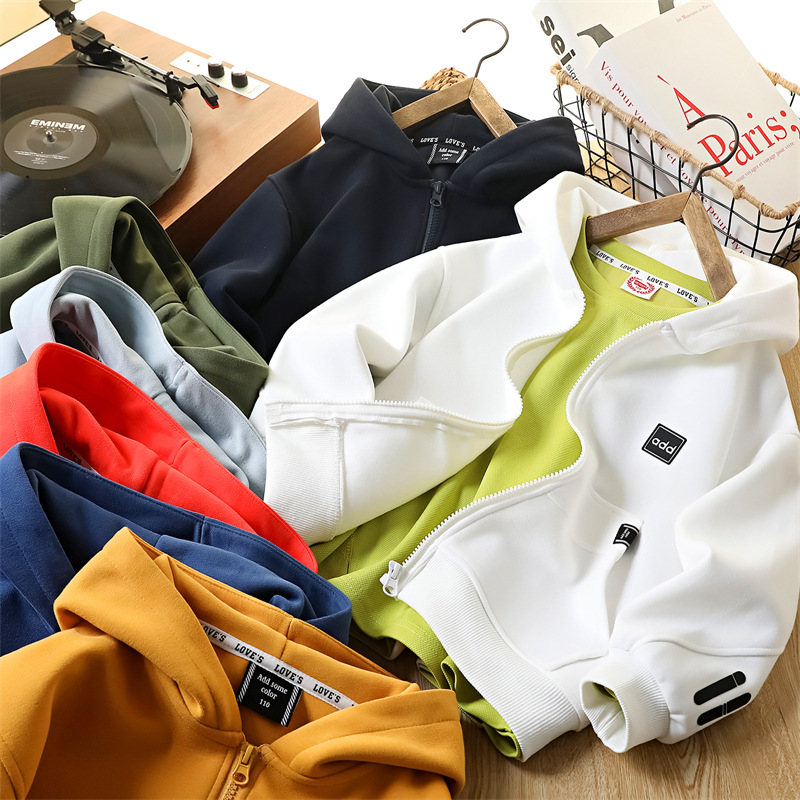Children's Hooded Jacket, Medium and Large Children's Solid Color Autumn Casual Zip-Up Knit Hoodie, Parent-Child Style Children's Clothing Lv1077
