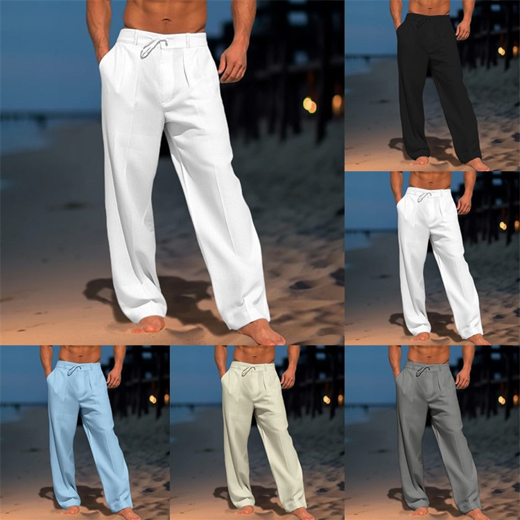 2025 Men's Linen Trousers Summer Beach Pants Front Pocket Solid Color Breathable Casual Daily Vacation
