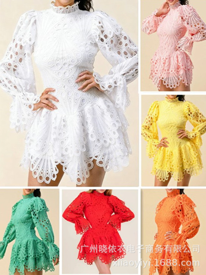 Amazon Cross-Border Foreign Trade European and American Hot-Selling New Women's Clothing with Lace Embroidery and Popular Palace-Style Bell-Sleeve Dress